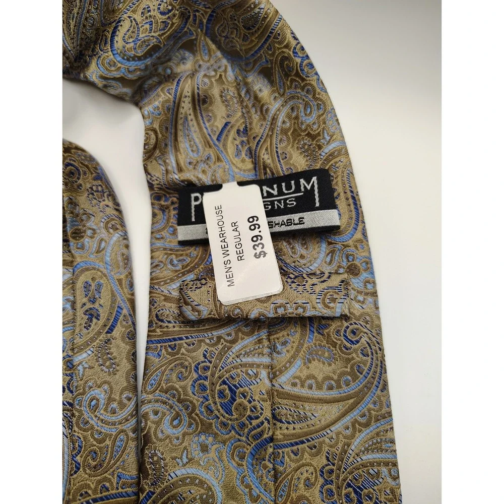 NWT Platinum‎ Designs Paisley Silk Blend Tie Gold Blue Mens Formal Business